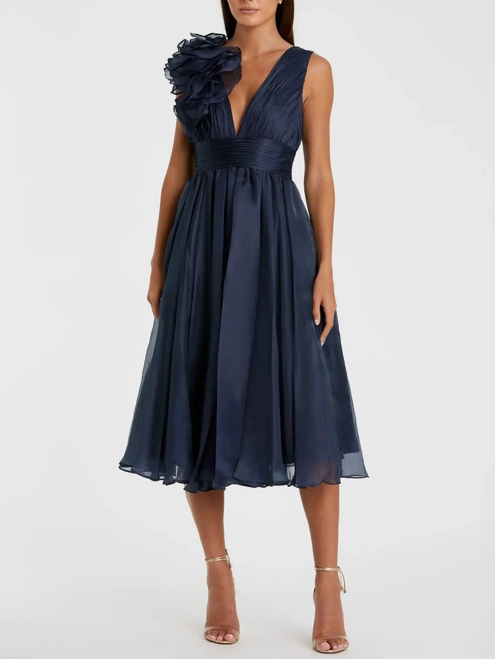 Mac Duggal Midnight Navy Sleeveless Chiffon A-Line Tea Length Cocktail Dress